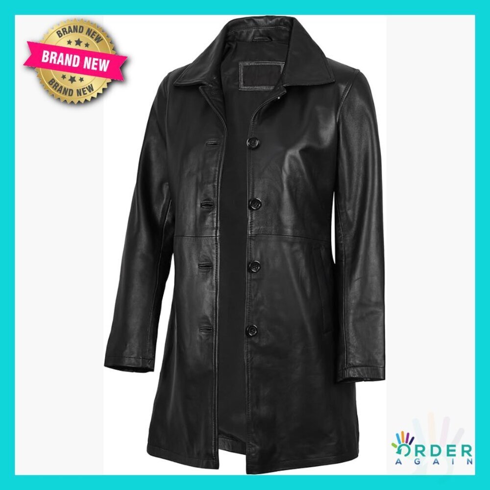 Real Lambskin Leather Car Coat 3/4 Length Trench Style Classic Elegant